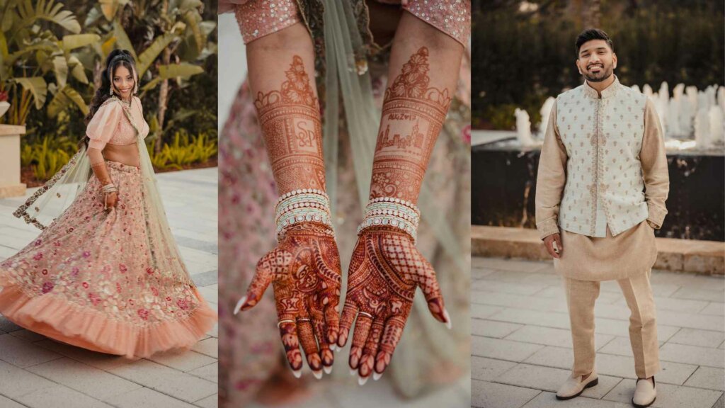 Bride and Groom Sangeet Night Looks with Henna Art