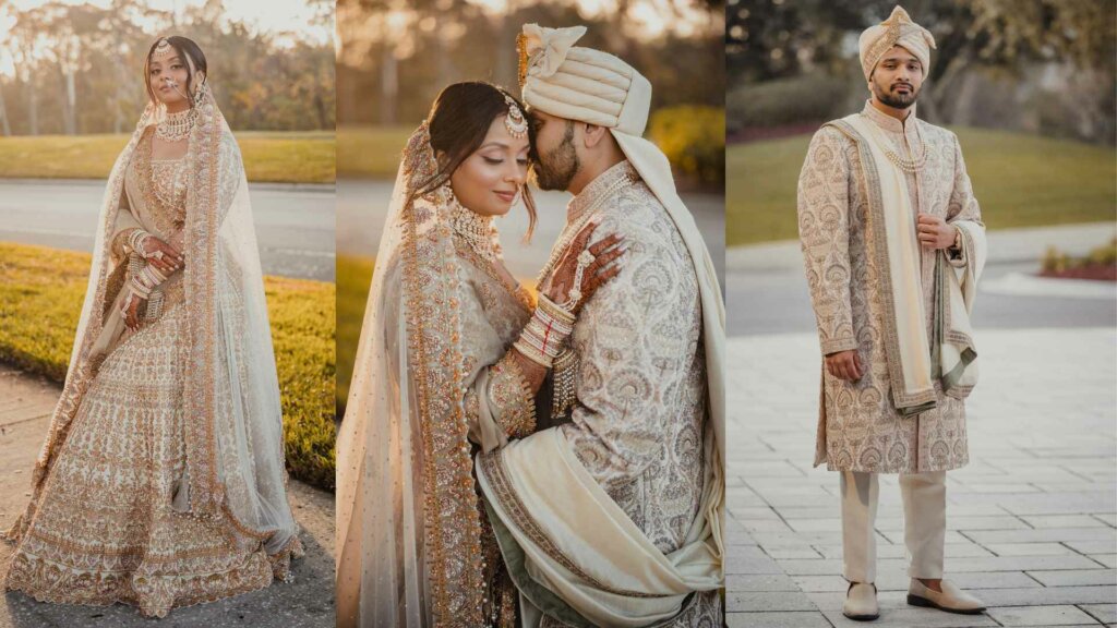 Indian Bride and Groom wedding day attire cream and gold