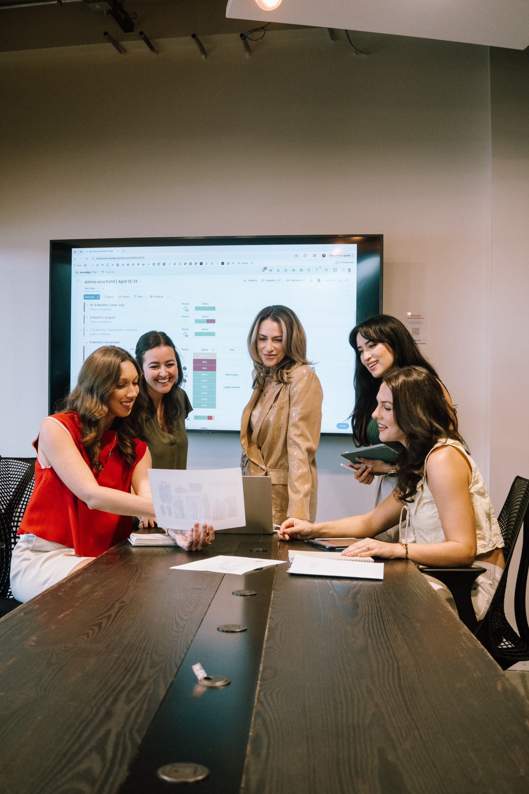 Eventrics Weddings Team of Executive Producers, Creative Director, and Marketing Director in a meeting room discussing wedding plans.